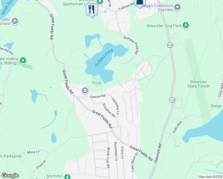 map of restaurants, bars, coffee shops, grocery stores, and more near 155 Damon Road in Brewster