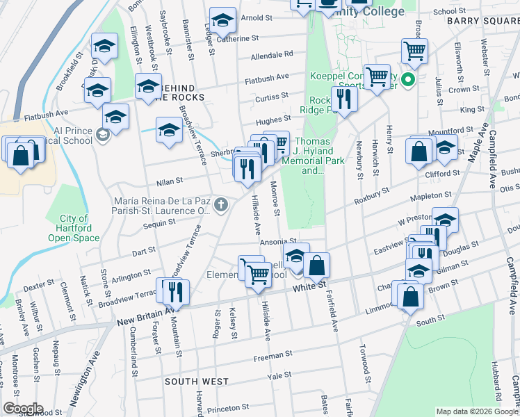 map of restaurants, bars, coffee shops, grocery stores, and more near 445 New Britain Avenue in Hartford
