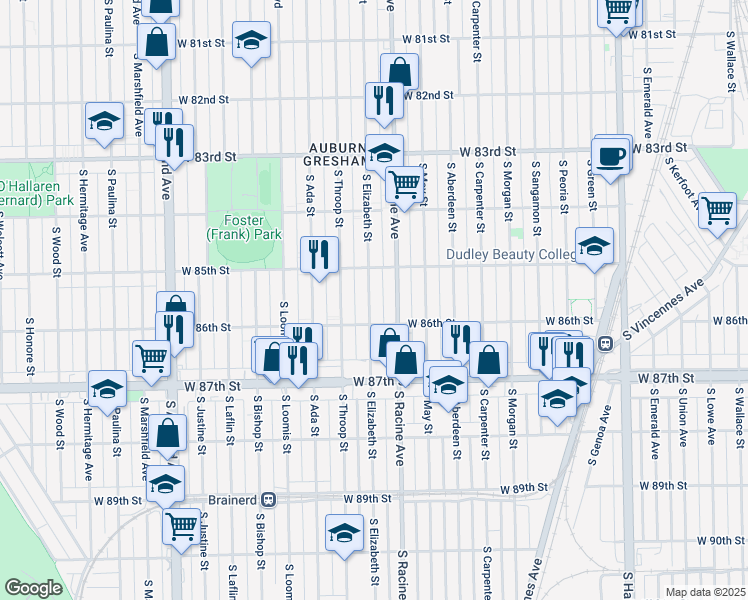 map of restaurants, bars, coffee shops, grocery stores, and more near 8512 South Racine Avenue in Chicago