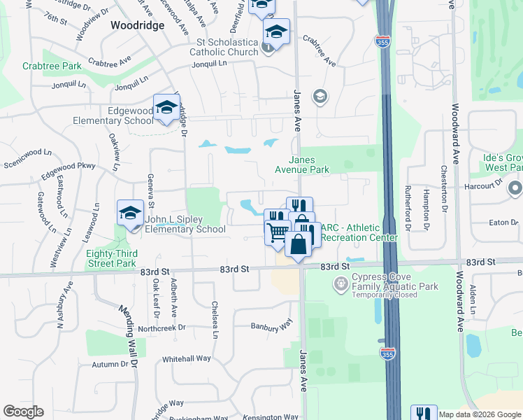 map of restaurants, bars, coffee shops, grocery stores, and more near 2449 Spring Street in Woodridge