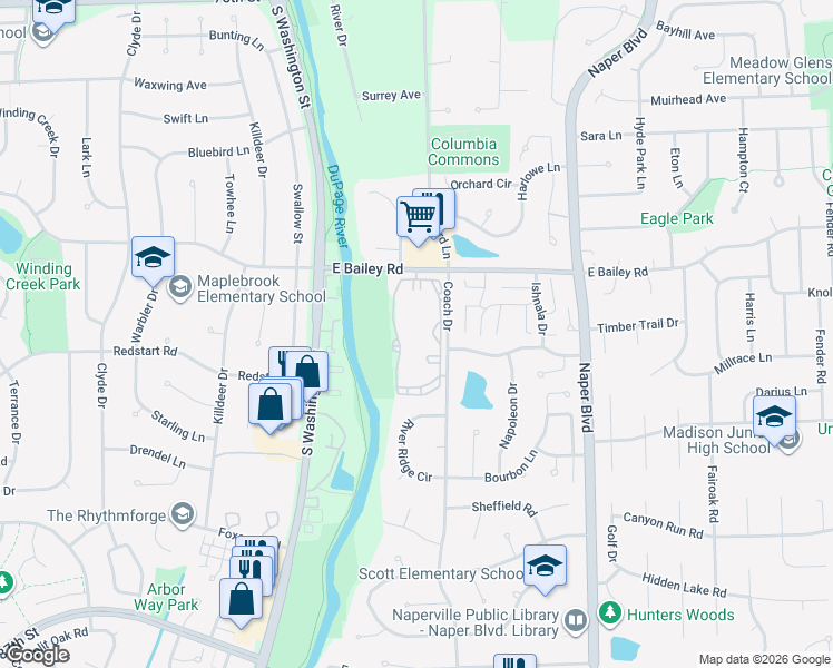 map of restaurants, bars, coffee shops, grocery stores, and more near 224 East Bailey Road in Naperville