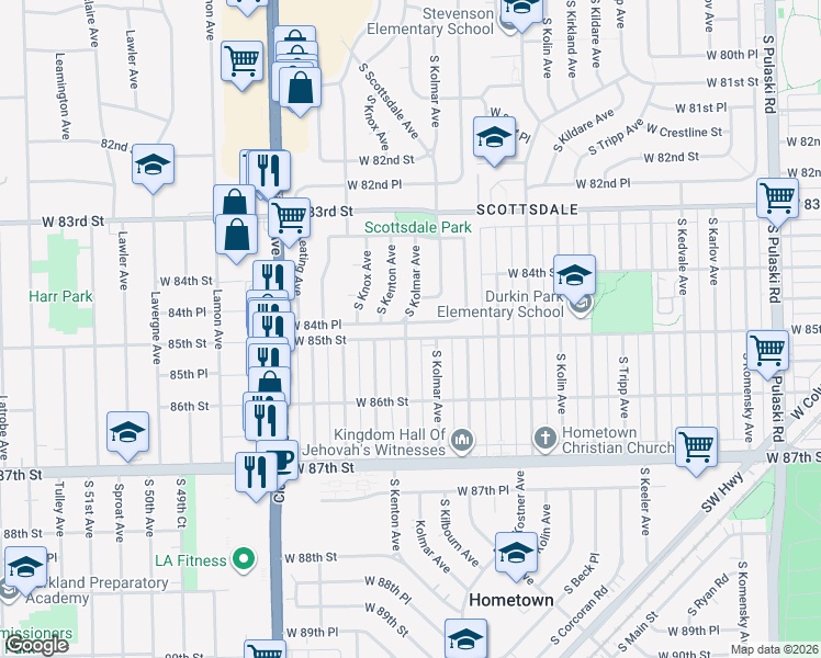 map of restaurants, bars, coffee shops, grocery stores, and more near 4561 West 84th Place in Chicago
