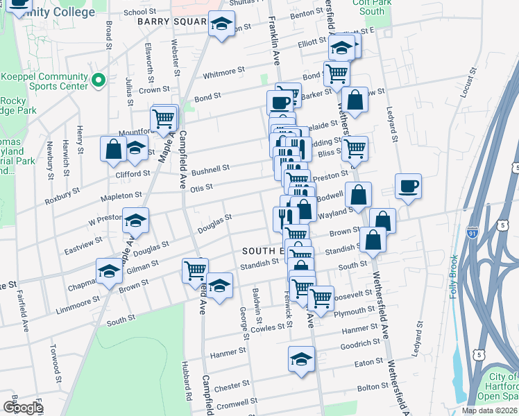 map of restaurants, bars, coffee shops, grocery stores, and more near 2 Douglas Street in Hartford
