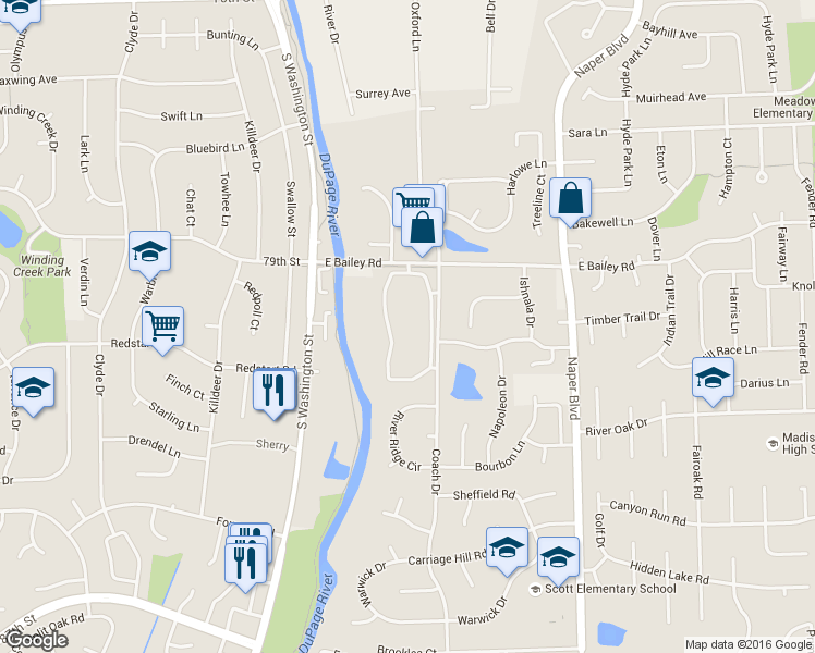 map of restaurants, bars, coffee shops, grocery stores, and more near 224 East Bailey Road in Naperville