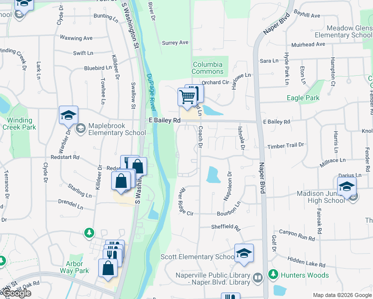 map of restaurants, bars, coffee shops, grocery stores, and more near 224 East Bailey Road in Naperville