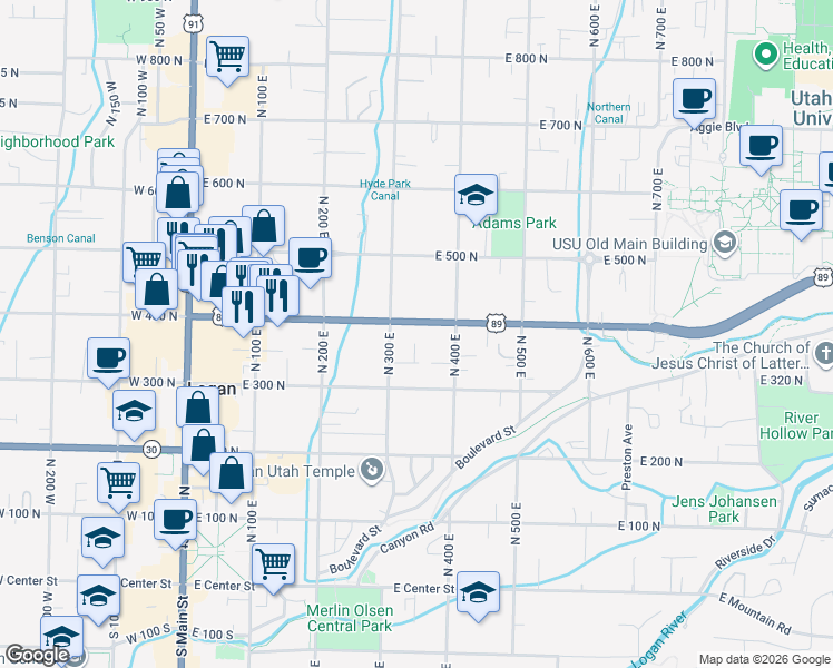 map of restaurants, bars, coffee shops, grocery stores, and more near 315 East 400 North in Logan
