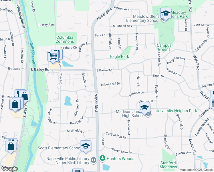 map of restaurants, bars, coffee shops, grocery stores, and more near 713 Timber Trail Drive in Naperville
