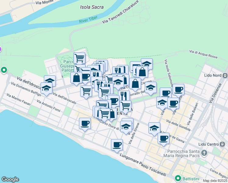 map of restaurants, bars, coffee shops, grocery stores, and more near 108 Via Aristide Carabelli in Lido di Ostia