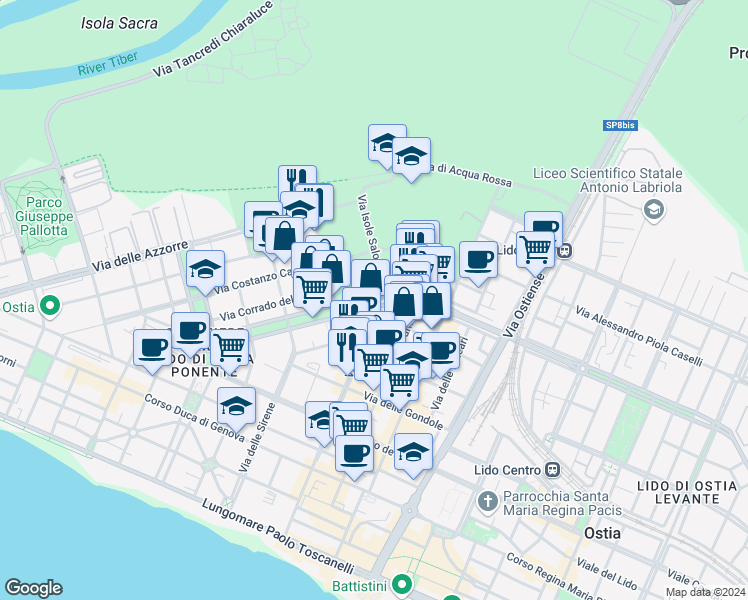 map of restaurants, bars, coffee shops, grocery stores, and more near 79 Via Isole del Capo Verde in Lido di Ostia
