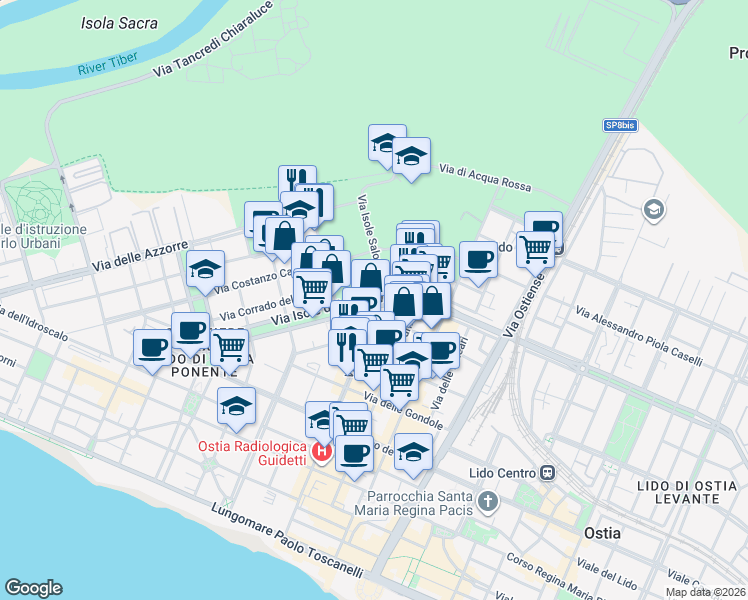 map of restaurants, bars, coffee shops, grocery stores, and more near 79 Via Isole del Capo Verde in Lido di Ostia