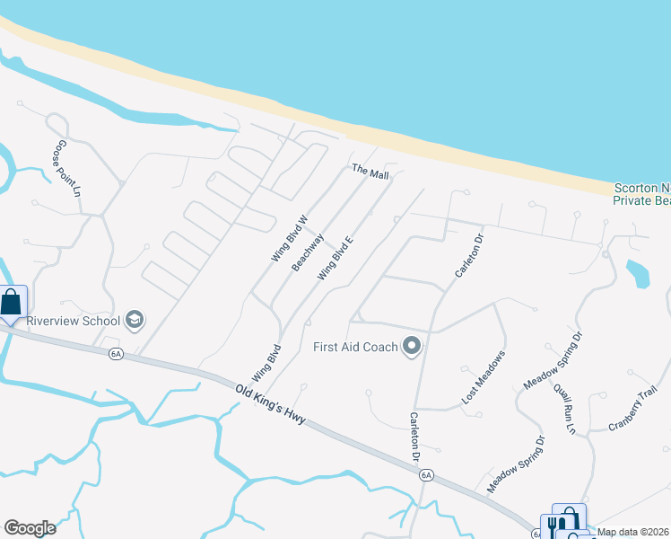 map of restaurants, bars, coffee shops, grocery stores, and more near 40 Wing Boulevard East in Sandwich