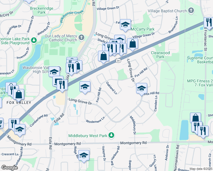 map of restaurants, bars, coffee shops, grocery stores, and more near 2905 Fox Hill Road in Aurora