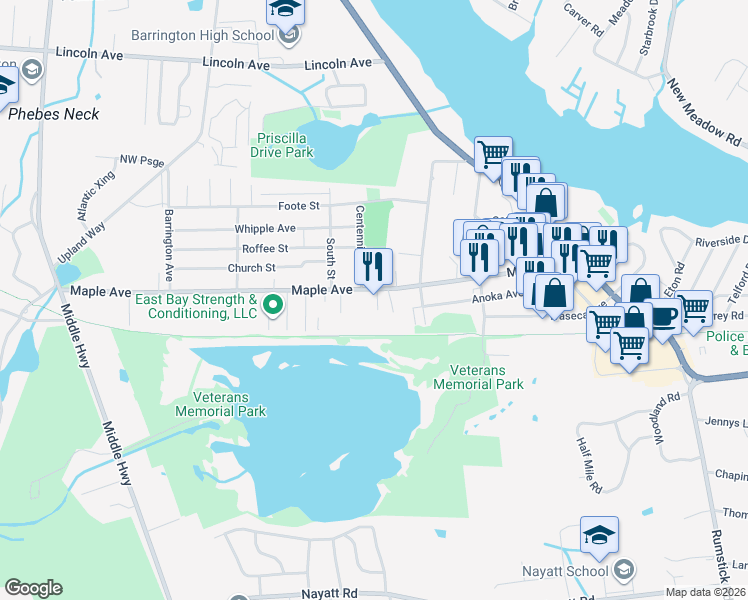 map of restaurants, bars, coffee shops, grocery stores, and more near 286 Maple Avenue in Barrington