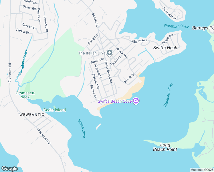 map of restaurants, bars, coffee shops, grocery stores, and more near 6 Everett Avenue in Wareham