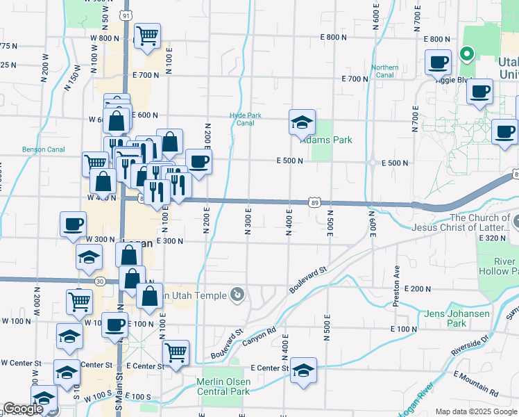 map of restaurants, bars, coffee shops, grocery stores, and more near 315 East 400 North in Logan