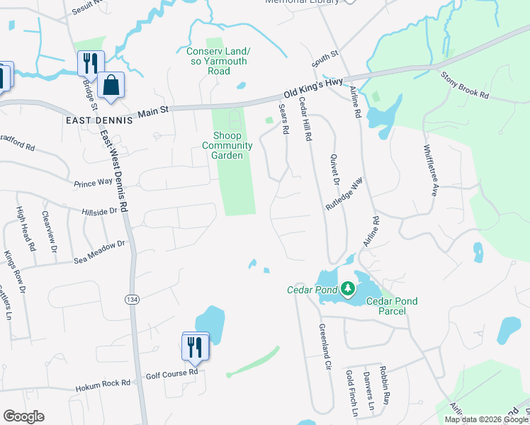 map of restaurants, bars, coffee shops, grocery stores, and more near 85 Sears Road in Dennis