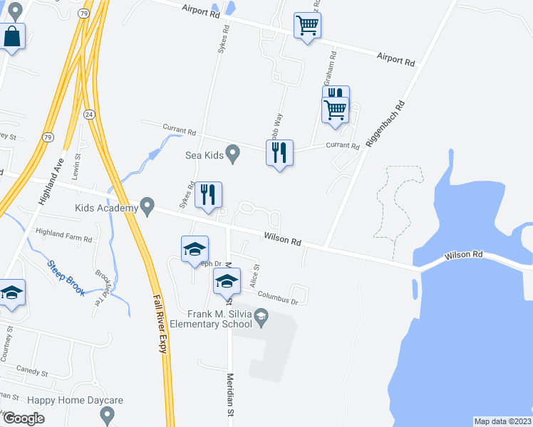 map of restaurants, bars, coffee shops, grocery stores, and more near 135 Hathaway Commons Road in Fall River
