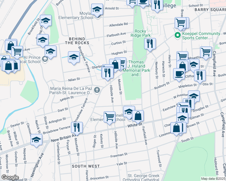 map of restaurants, bars, coffee shops, grocery stores, and more near 445 New Britain Avenue in Hartford