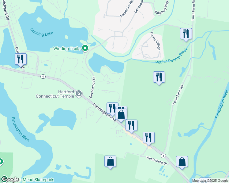 map of restaurants, bars, coffee shops, grocery stores, and more near 3 Forest Park Drive in Farmington