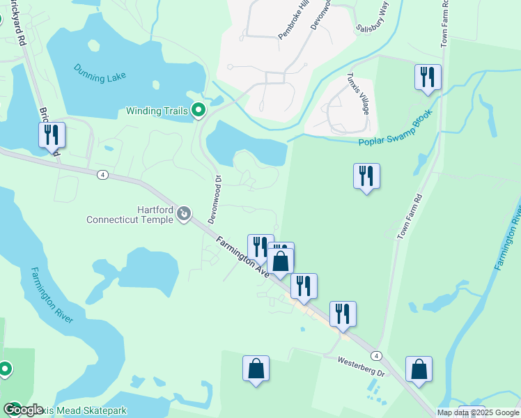 map of restaurants, bars, coffee shops, grocery stores, and more near 29 Fenwick Drive in Farmington