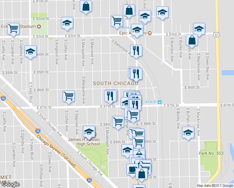 map of restaurants, bars, coffee shops, grocery stores, and more near 8601 South Escanaba Avenue in Chicago
