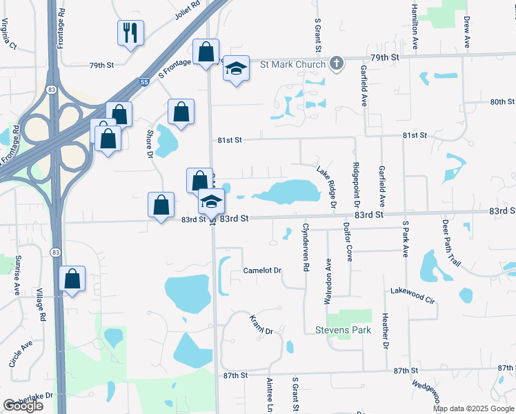map of restaurants, bars, coffee shops, grocery stores, and more near 15W780 83rd Street in Burr Ridge