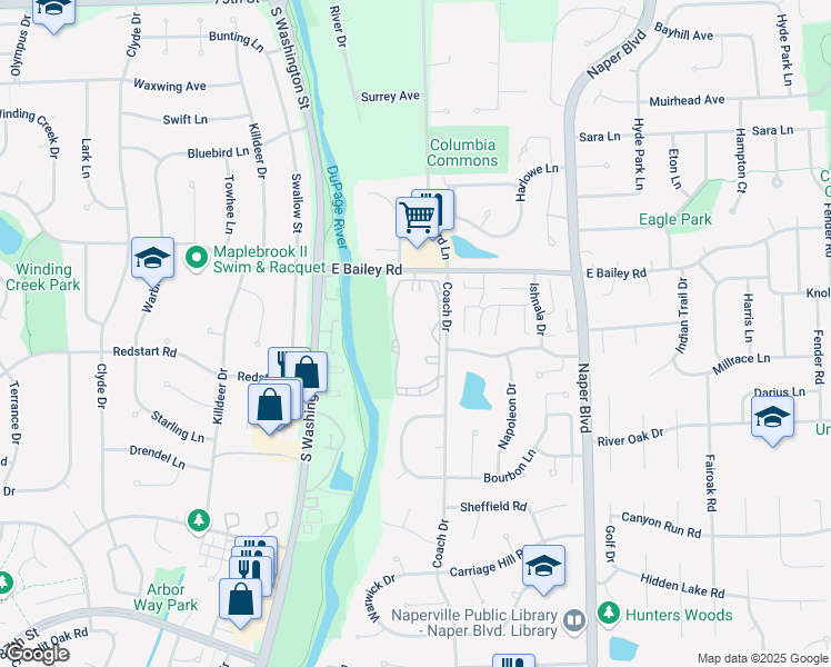map of restaurants, bars, coffee shops, grocery stores, and more near 224 East Bailey Road in Naperville