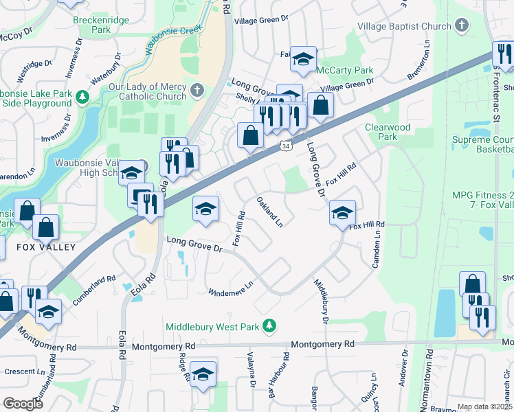 map of restaurants, bars, coffee shops, grocery stores, and more near 2905 Fox Hill Road in Aurora