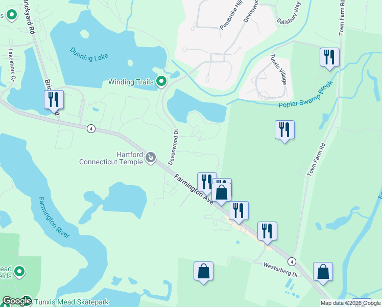 map of restaurants, bars, coffee shops, grocery stores, and more near 36 Fenwick Drive in Farmington