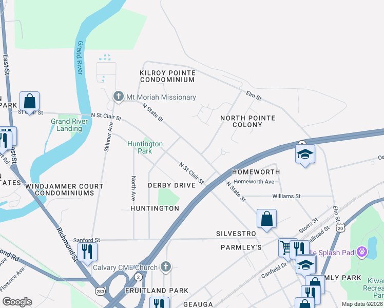 map of restaurants, bars, coffee shops, grocery stores, and more near 875 North State Street in Painesville