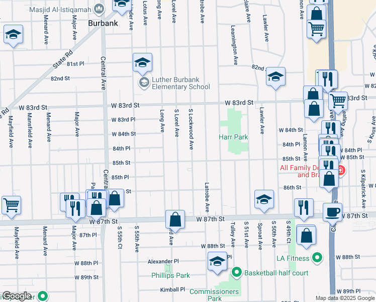 map of restaurants, bars, coffee shops, grocery stores, and more near 8440 Lockwood Avenue in Burbank
