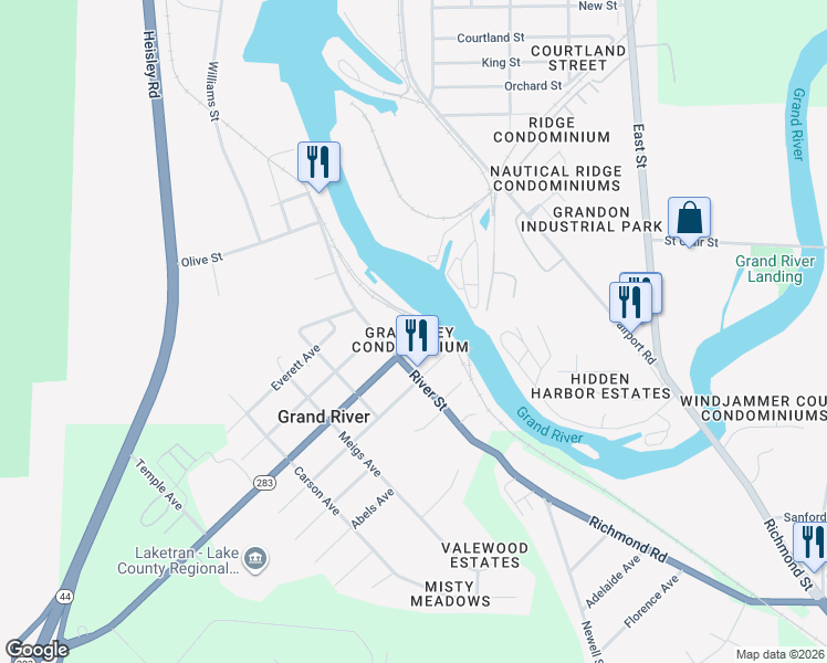 map of restaurants, bars, coffee shops, grocery stores, and more near 84 Singer Avenue in Grand River