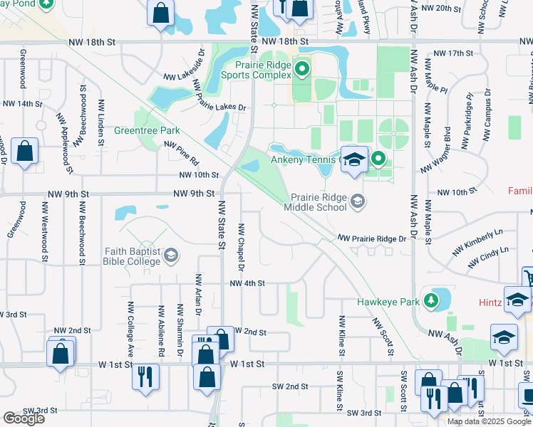 map of restaurants, bars, coffee shops, grocery stores, and more near 745 Northwest Scott Street in Ankeny