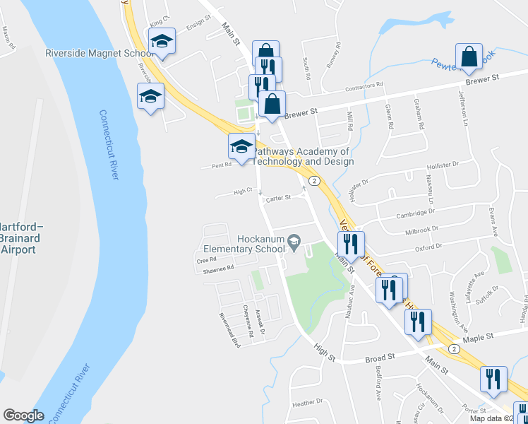 map of restaurants, bars, coffee shops, grocery stores, and more near 201 High Street in East Hartford