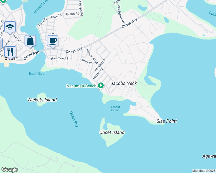 map of restaurants, bars, coffee shops, grocery stores, and more near 37 Bay Street in Wareham