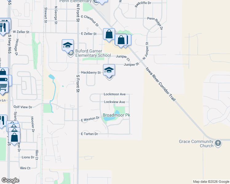 map of restaurants, bars, coffee shops, grocery stores, and more near 320 Lockmoor Avenue in North Liberty