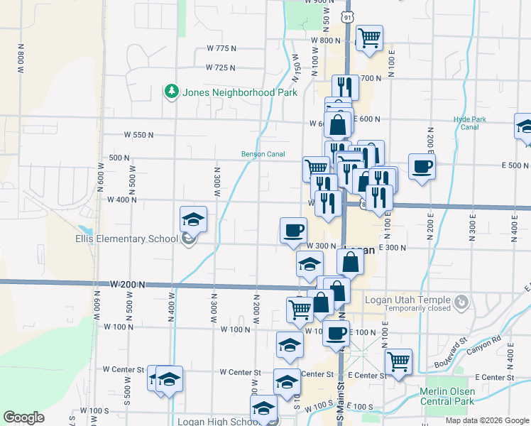 map of restaurants, bars, coffee shops, grocery stores, and more near 380 North 200 West in Logan