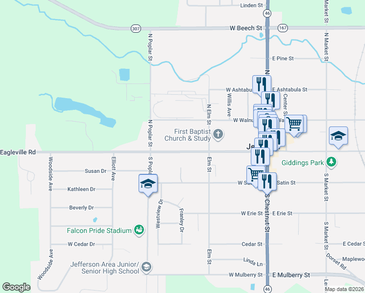map of restaurants, bars, coffee shops, grocery stores, and more near 145 West Jefferson Street in Jefferson