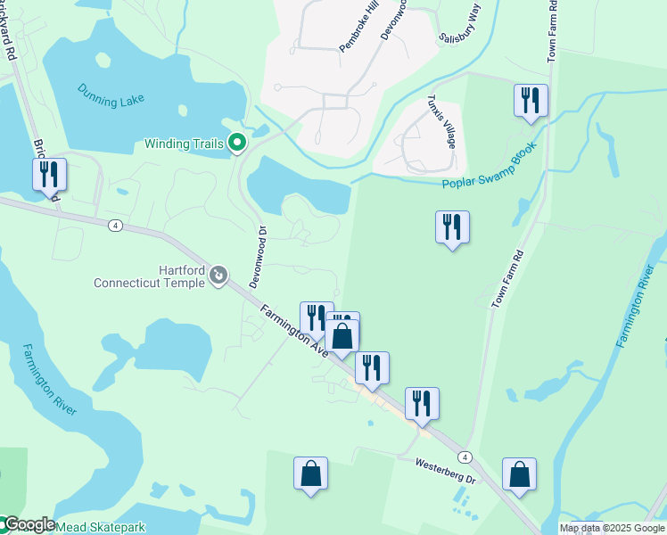 map of restaurants, bars, coffee shops, grocery stores, and more near 43 Fenwick Drive in Farmington