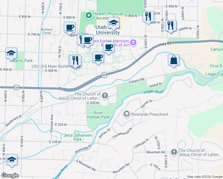 map of restaurants, bars, coffee shops, grocery stores, and more near 1035 Canyon Road in Logan