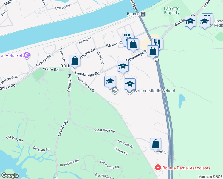map of restaurants, bars, coffee shops, grocery stores, and more near 77 Waterhouse Road in Bourne