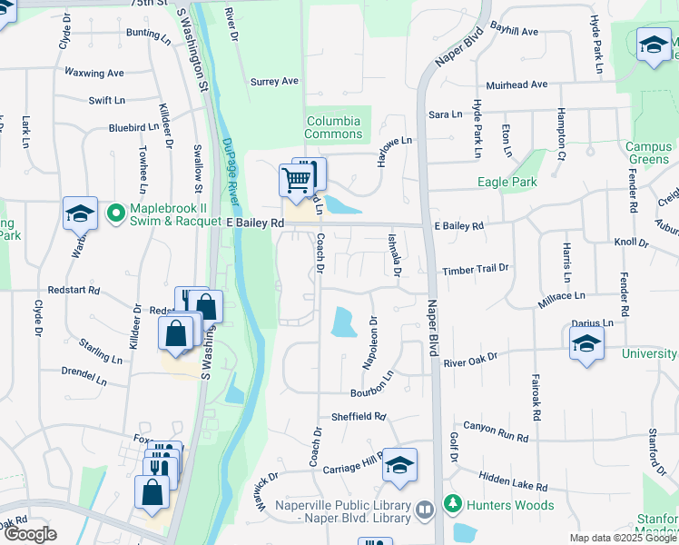 map of restaurants, bars, coffee shops, grocery stores, and more near 1671 Kiowa Circle in Naperville