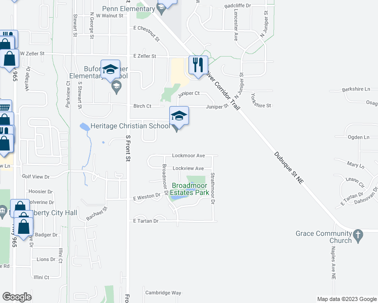 map of restaurants, bars, coffee shops, grocery stores, and more near 320 Lockmoor Avenue in North Liberty