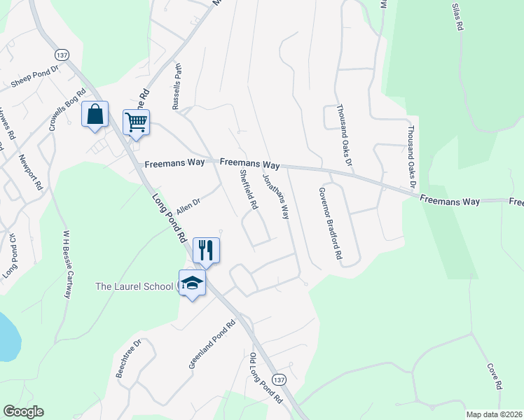 map of restaurants, bars, coffee shops, grocery stores, and more near 87 Sheffield Road in Brewster