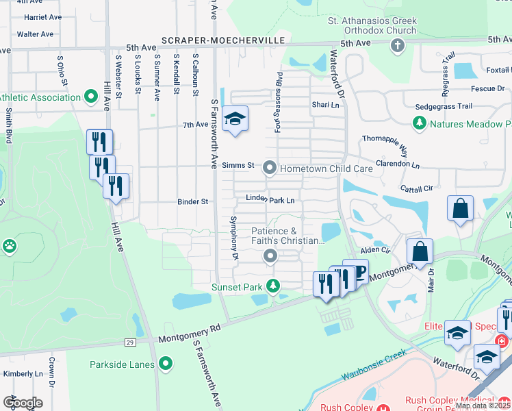 map of restaurants, bars, coffee shops, grocery stores, and more near 891 Four Seasons Boulevard in Aurora