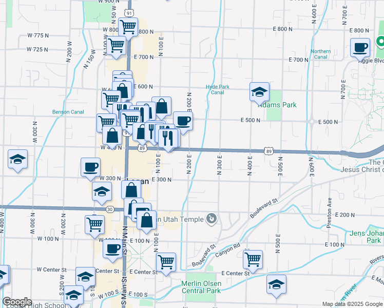 map of restaurants, bars, coffee shops, grocery stores, and more near 200 East 400 North in Logan