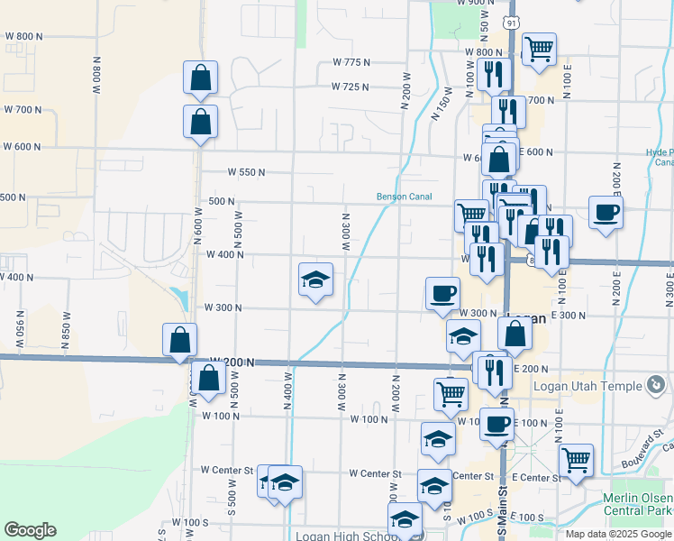 map of restaurants, bars, coffee shops, grocery stores, and more near 397 North 300 West in Logan