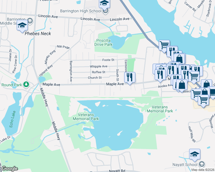 map of restaurants, bars, coffee shops, grocery stores, and more near 379 Maple Avenue in Barrington