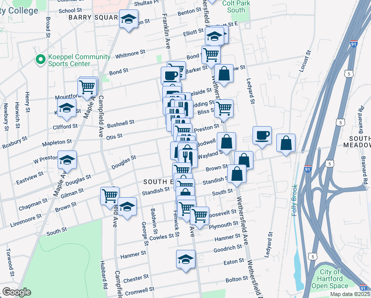 map of restaurants, bars, coffee shops, grocery stores, and more near 400 Franklin Avenue in Hartford