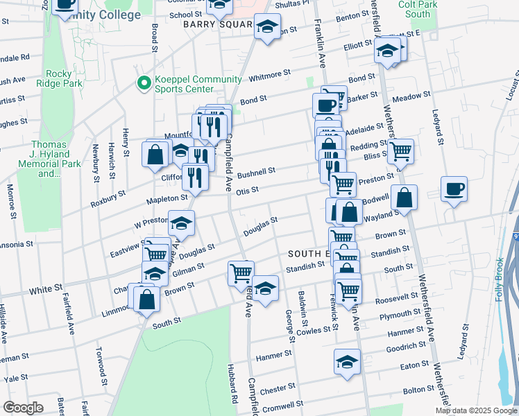 map of restaurants, bars, coffee shops, grocery stores, and more near 200 Preston Street in Hartford